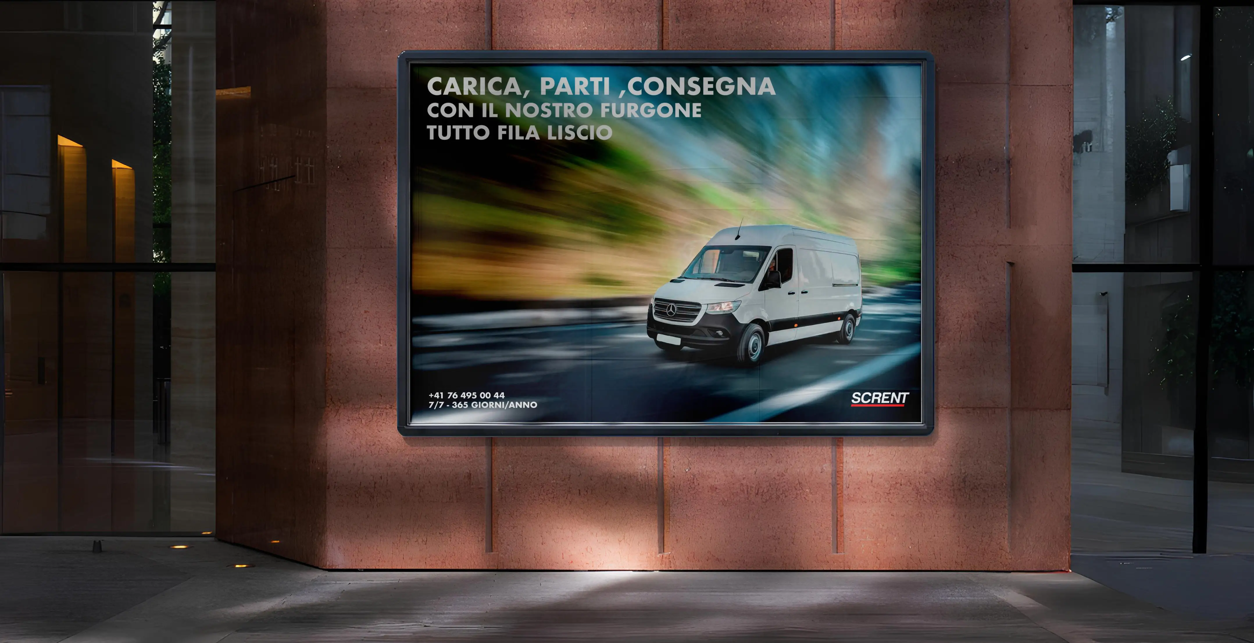 Banner pubblicitario per advertising outdoor di scrent noleggio di furgoni doublealab