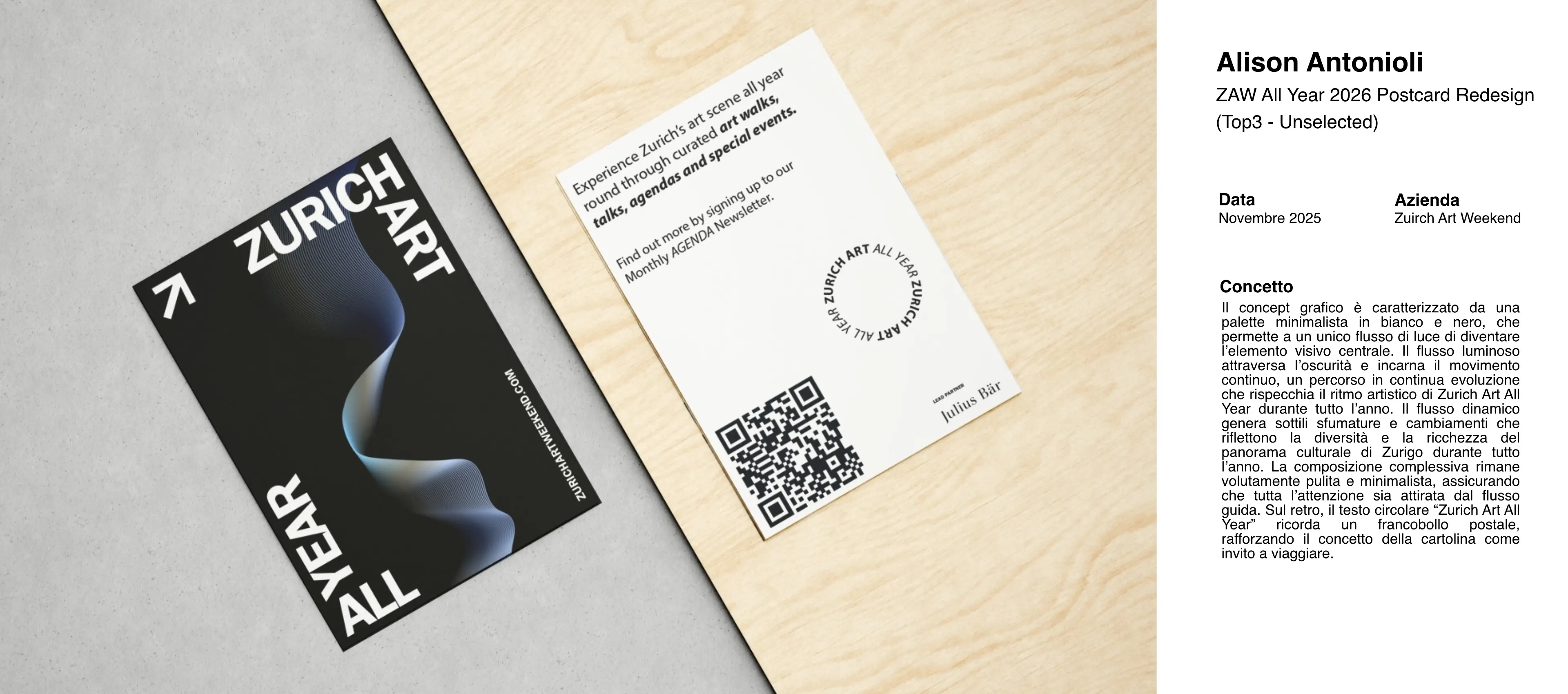 Presentazione postcard redesign per ZAW: visualizzazione del logo minimale su sfondo neutro, con studio della palette cromatica e delle applicazioni dell'identità visiva curata da Doublea Lab