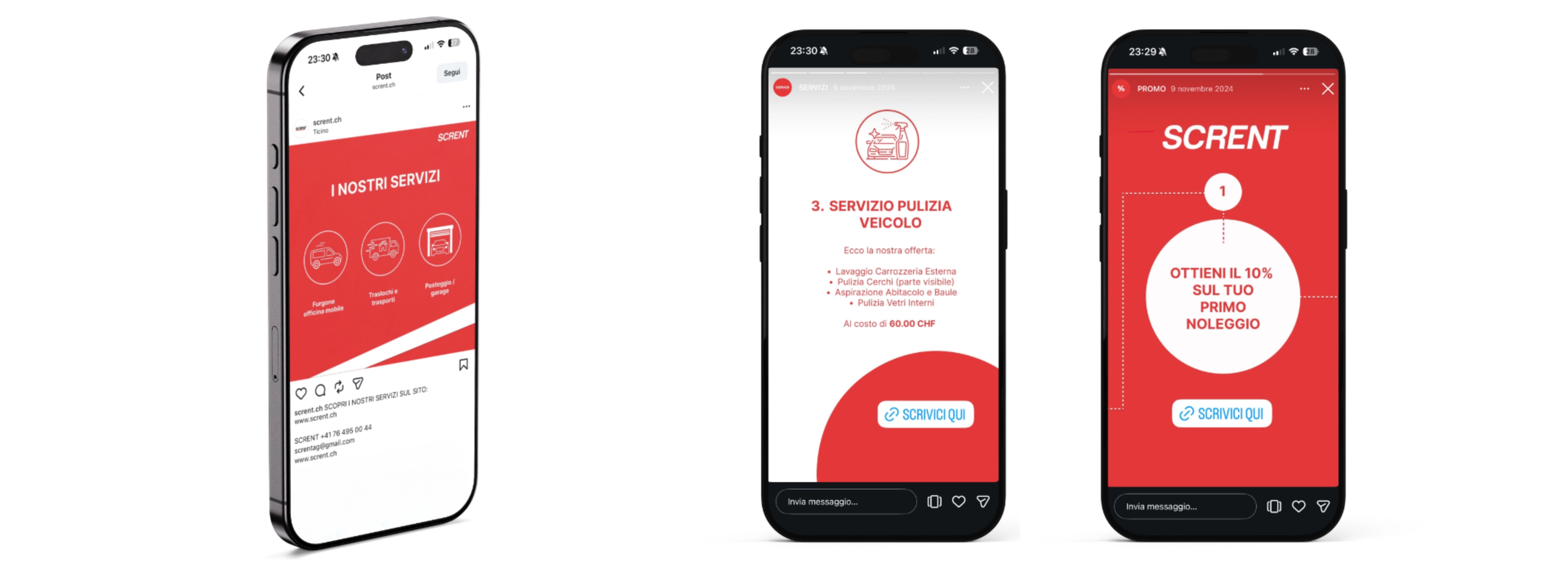 Visualizzazione contenuti social e di promozioni su smartphone per il brand Scrent - Strategia digitale doublea lab