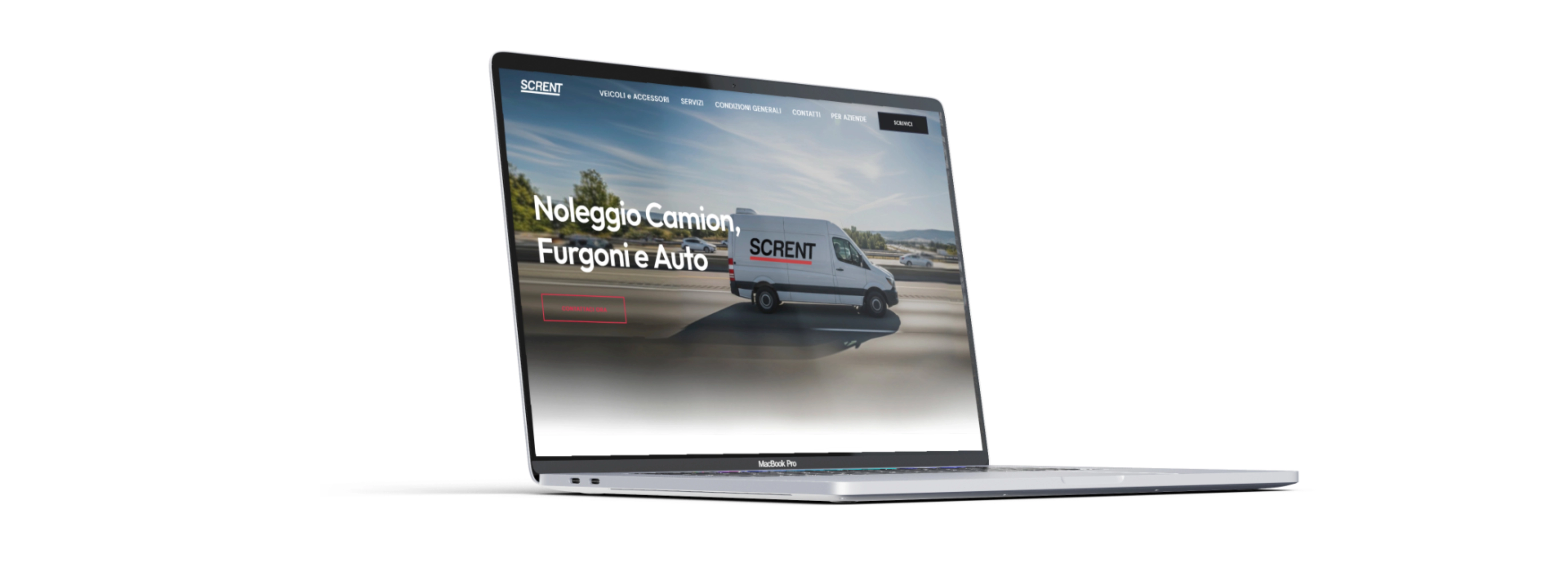 Mockup furgone bianco in movimento su un'autostrada con il logo Scrent applicato sulla fiancata, parte del progetto di brand identity curato da Double A Lab